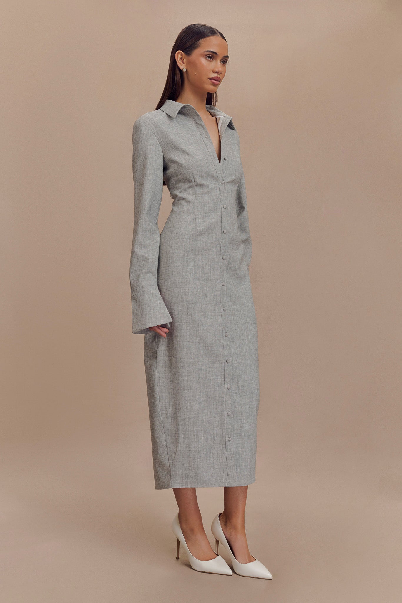 Dorian Fitted Shirt Midi Dress - Charcoal Marle-My Chic Way.All Rights Reserved