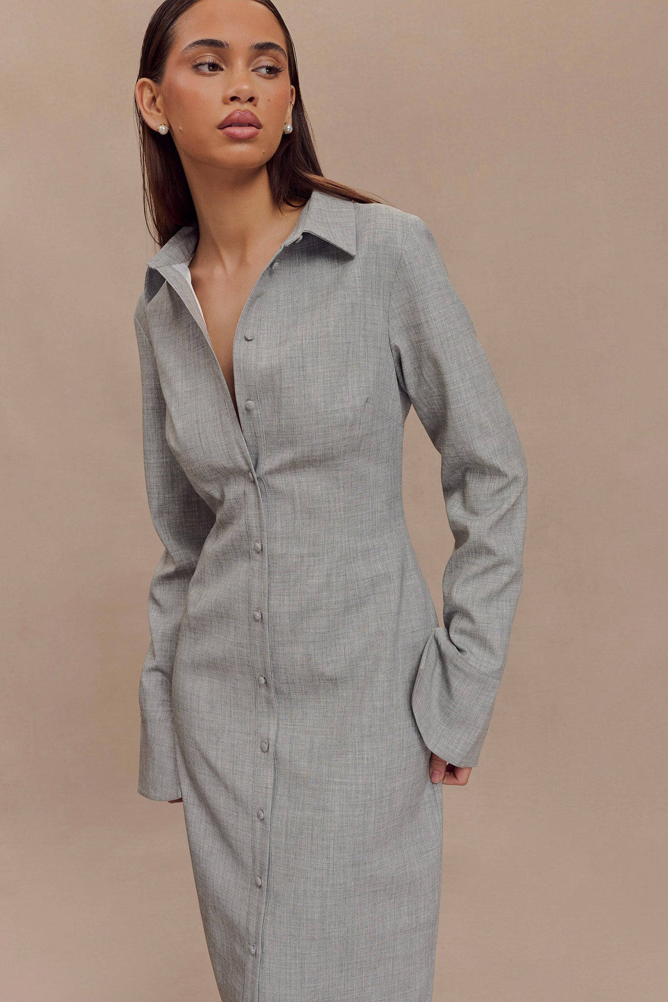 Dorian Fitted Shirt Midi Dress - Charcoal Marle-My Chic Way.All Rights Reserved