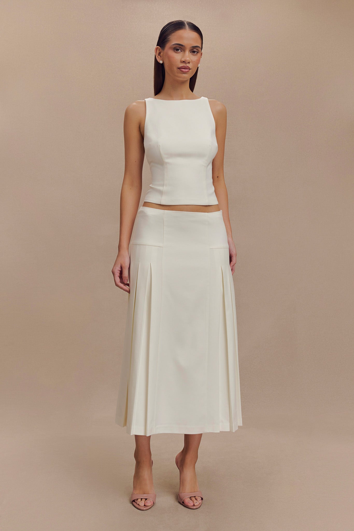 Brigette Pleated Midi Skirt - Ivory-My Chic Way.All Rights Reserved