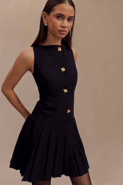 Mackenzie Sleeveless Pleated Mini Dress - Black-My Chic Way.All Rights Reserved