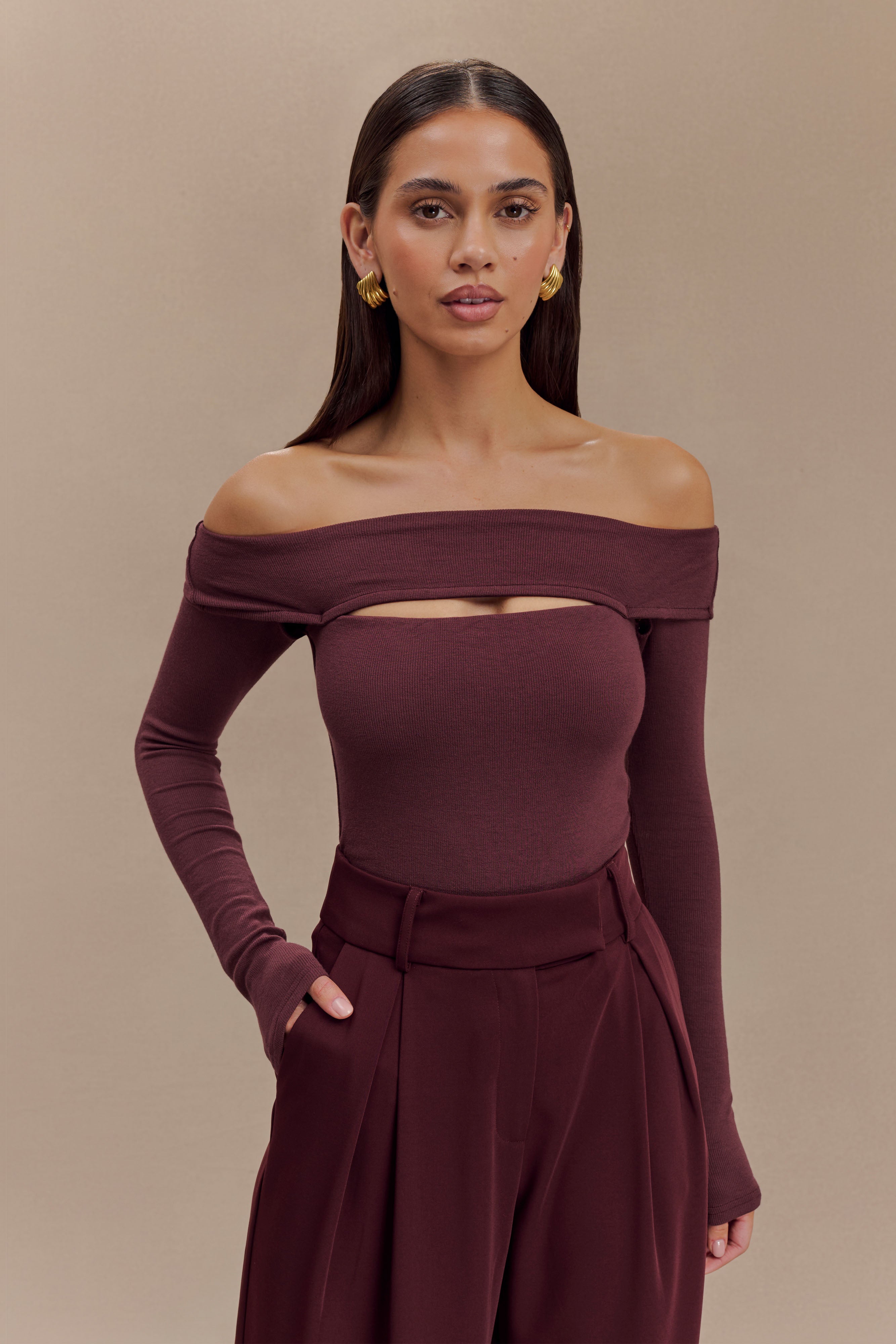 Briah Cut Out Modal Long Sleeve Top - Mahogany-My Chic Way.All Rights Reserved