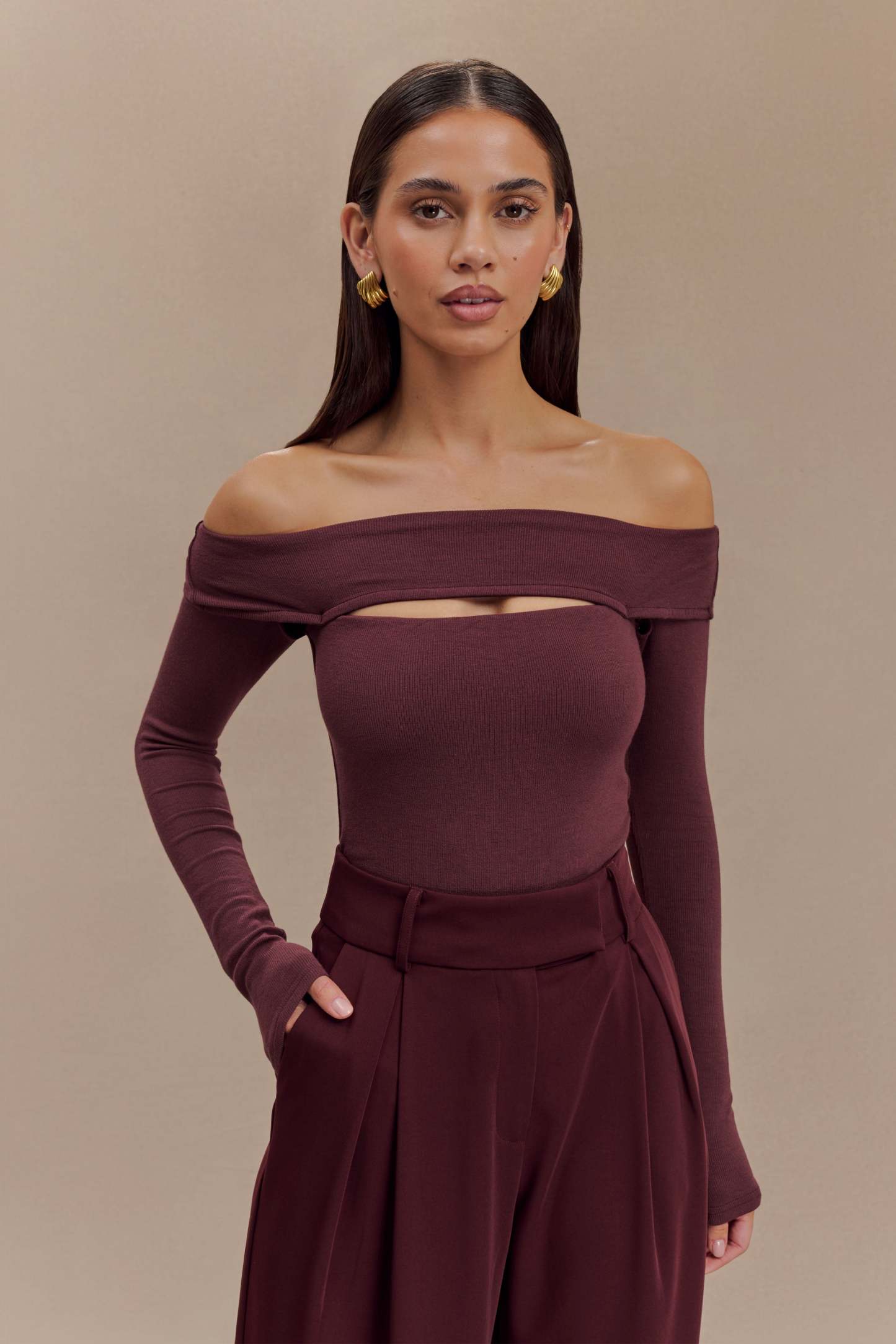 Briah Cut Out Modal Long Sleeve Top - Mahogany-My Chic Way.All Rights Reserved