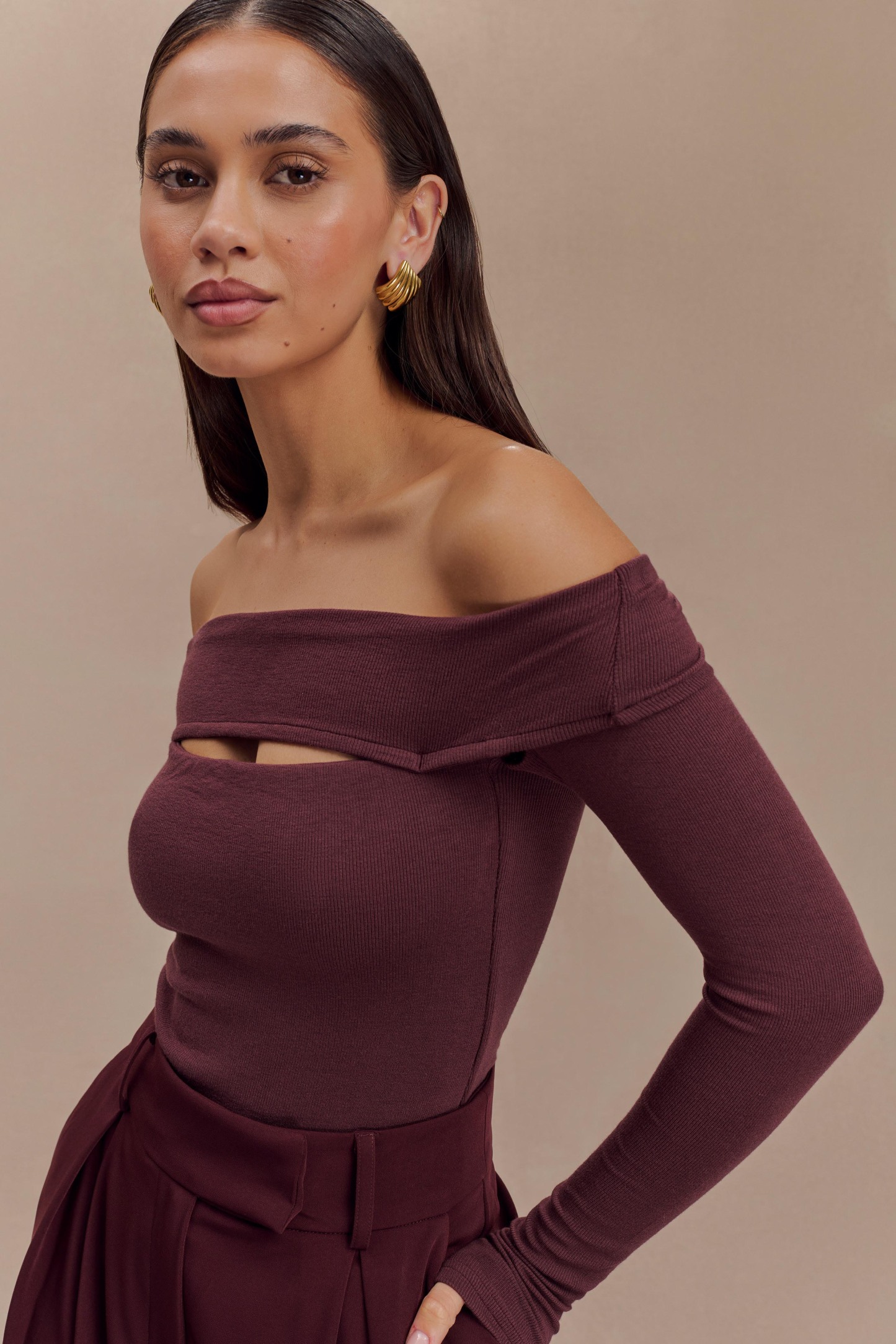 Briah Cut Out Modal Long Sleeve Top - Mahogany-My Chic Way.All Rights Reserved