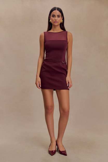 Posie Suiting Belted Mini Dress - Mahogany-My Chic Way.All Rights Reserved