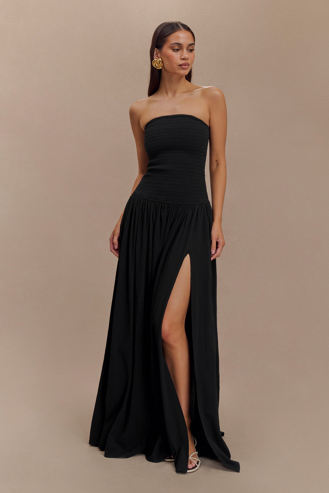 Maureen Cotton Shirring Maxi Dress - Black-My Chic Way.All Rights Reserved