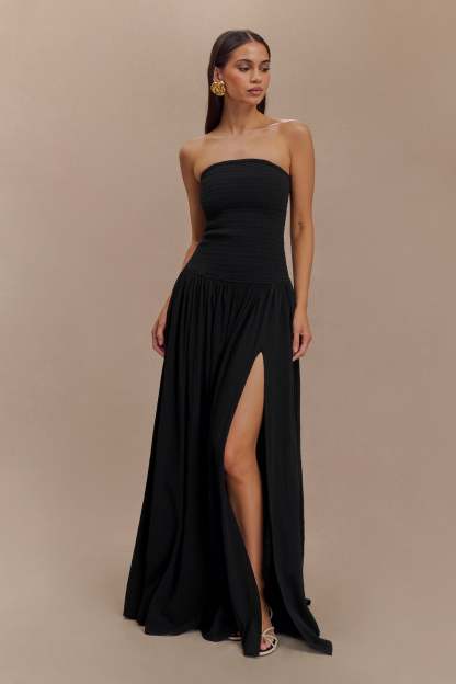 Maureen Cotton Shirring Maxi Dress - Black-My Chic Way.All Rights Reserved