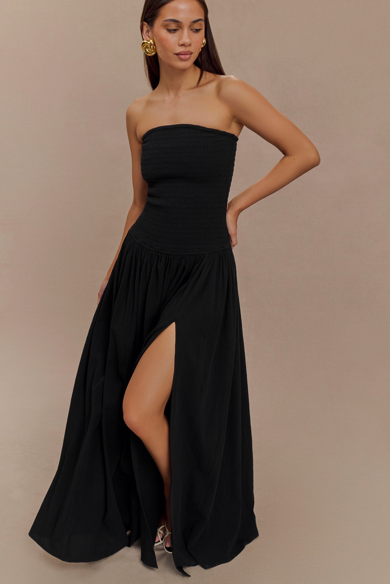 Maureen Cotton Shirring Maxi Dress - Black-My Chic Way.All Rights Reserved