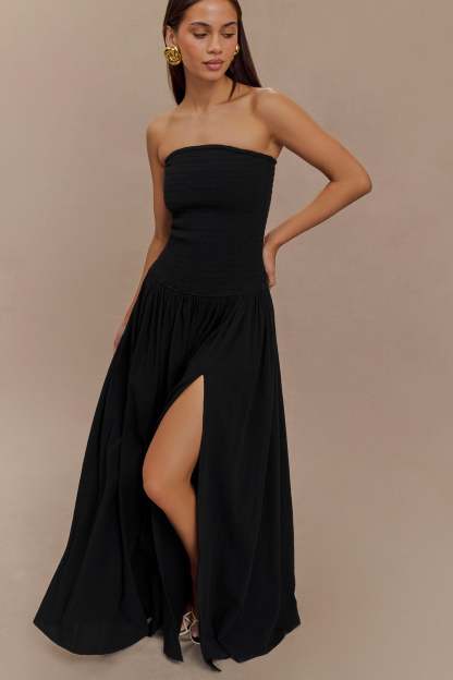 Maureen Cotton Shirring Maxi Dress - Black-My Chic Way.All Rights Reserved