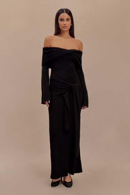 Cameron Off Shoulder Tie Maxi Dress - Black-My Chic Way.All Rights Reserved