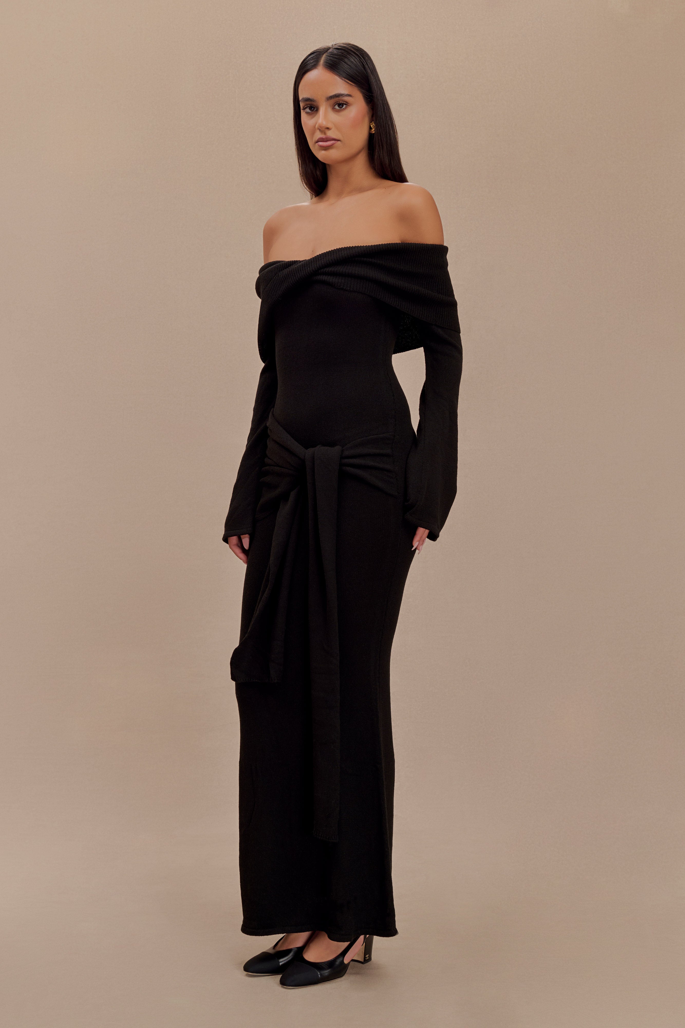 Cameron Off Shoulder Tie Maxi Dress - Black-My Chic Way.All Rights Reserved