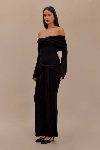 Cameron Off Shoulder Tie Maxi Dress - Black-My Chic Way.All Rights Reserved