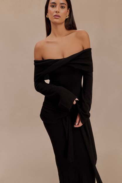 Cameron Off Shoulder Tie Maxi Dress - Black-My Chic Way.All Rights Reserved