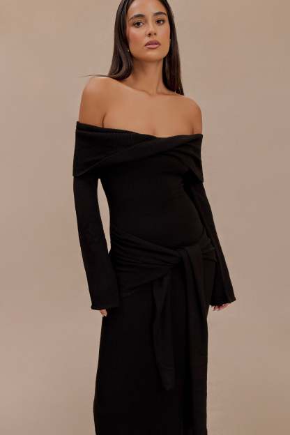 Cameron Off Shoulder Tie Maxi Dress - Black-My Chic Way.All Rights Reserved