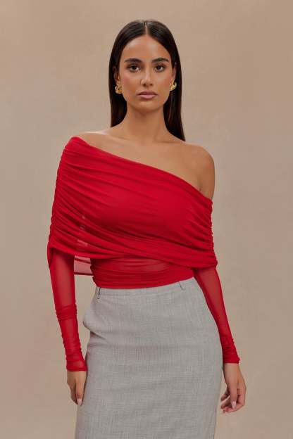 Everly Sheer Mesh Off Shoulder Top - Ruby-My Chic Way.All Rights Reserved