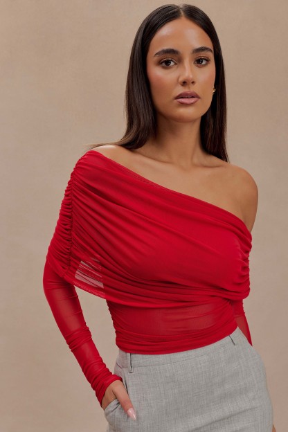 Everly Sheer Mesh Off Shoulder Top - Ruby-My Chic Way.All Rights Reserved