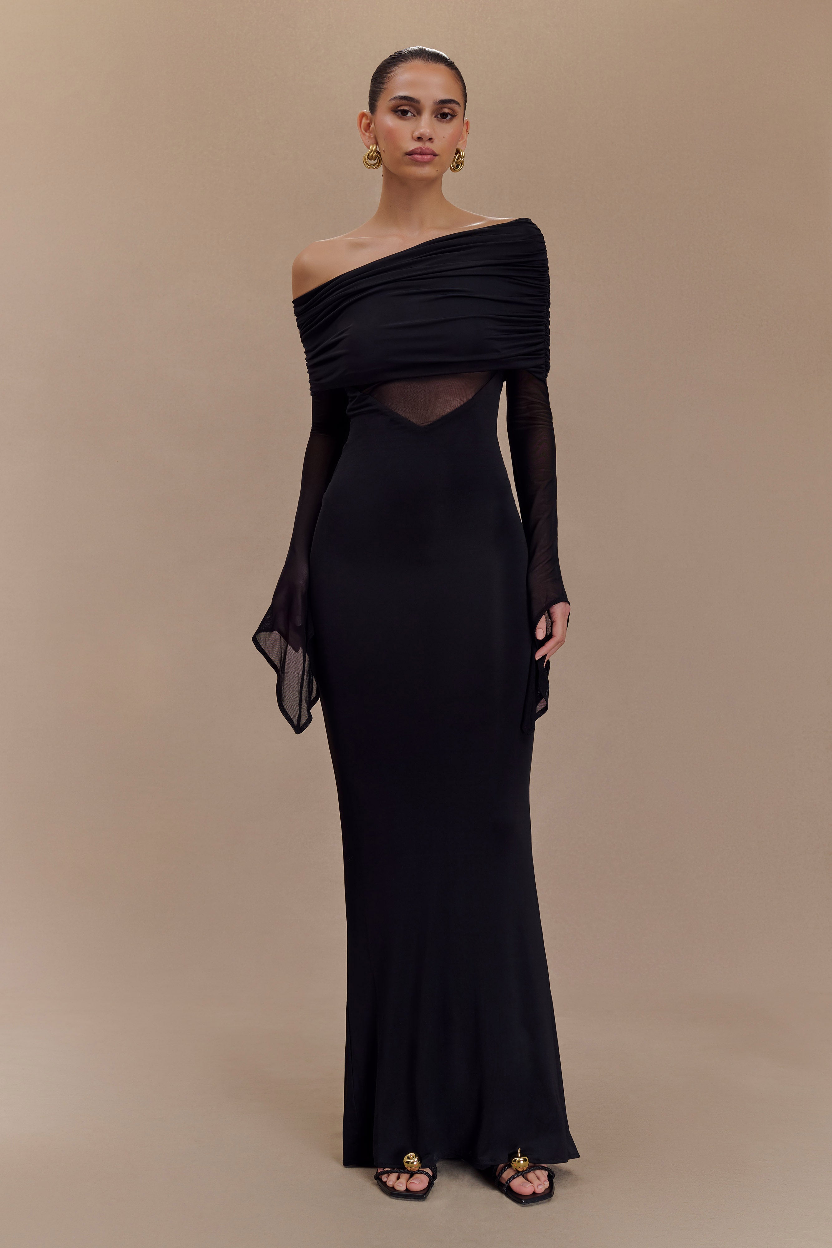 Kaitlin One Shoulder Slinky And Mesh Maxi Dress - Black-My Chic Way.All Rights Reserved