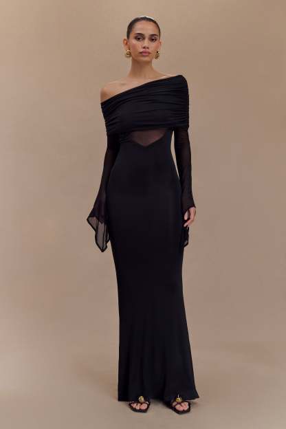Kaitlin One Shoulder Slinky And Mesh Maxi Dress - Black-My Chic Way.All Rights Reserved
