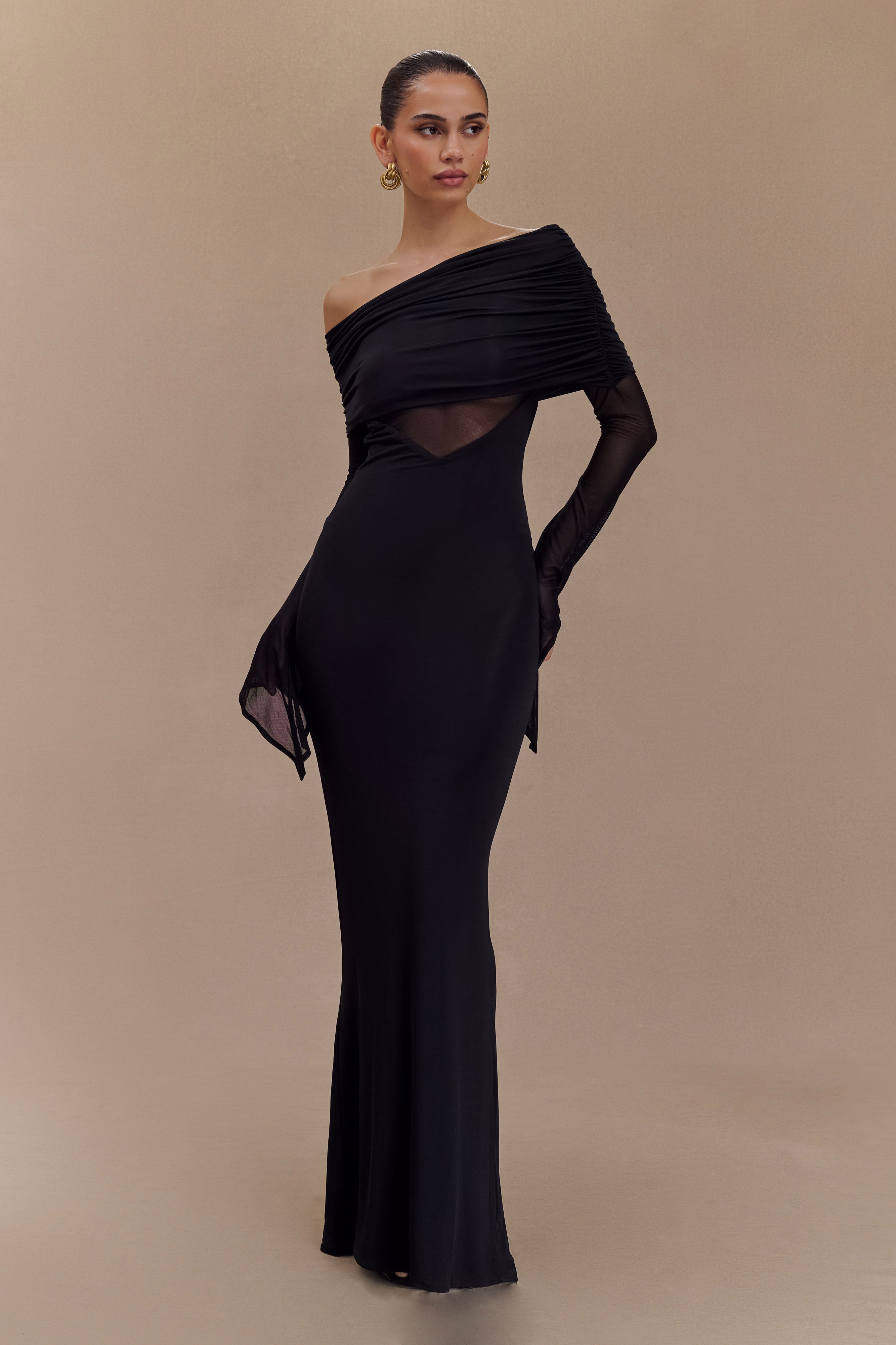 Kaitlin One Shoulder Slinky And Mesh Maxi Dress - Black-My Chic Way.All Rights Reserved