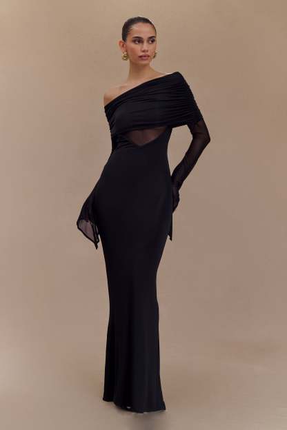 Kaitlin One Shoulder Slinky And Mesh Maxi Dress - Black-My Chic Way.All Rights Reserved