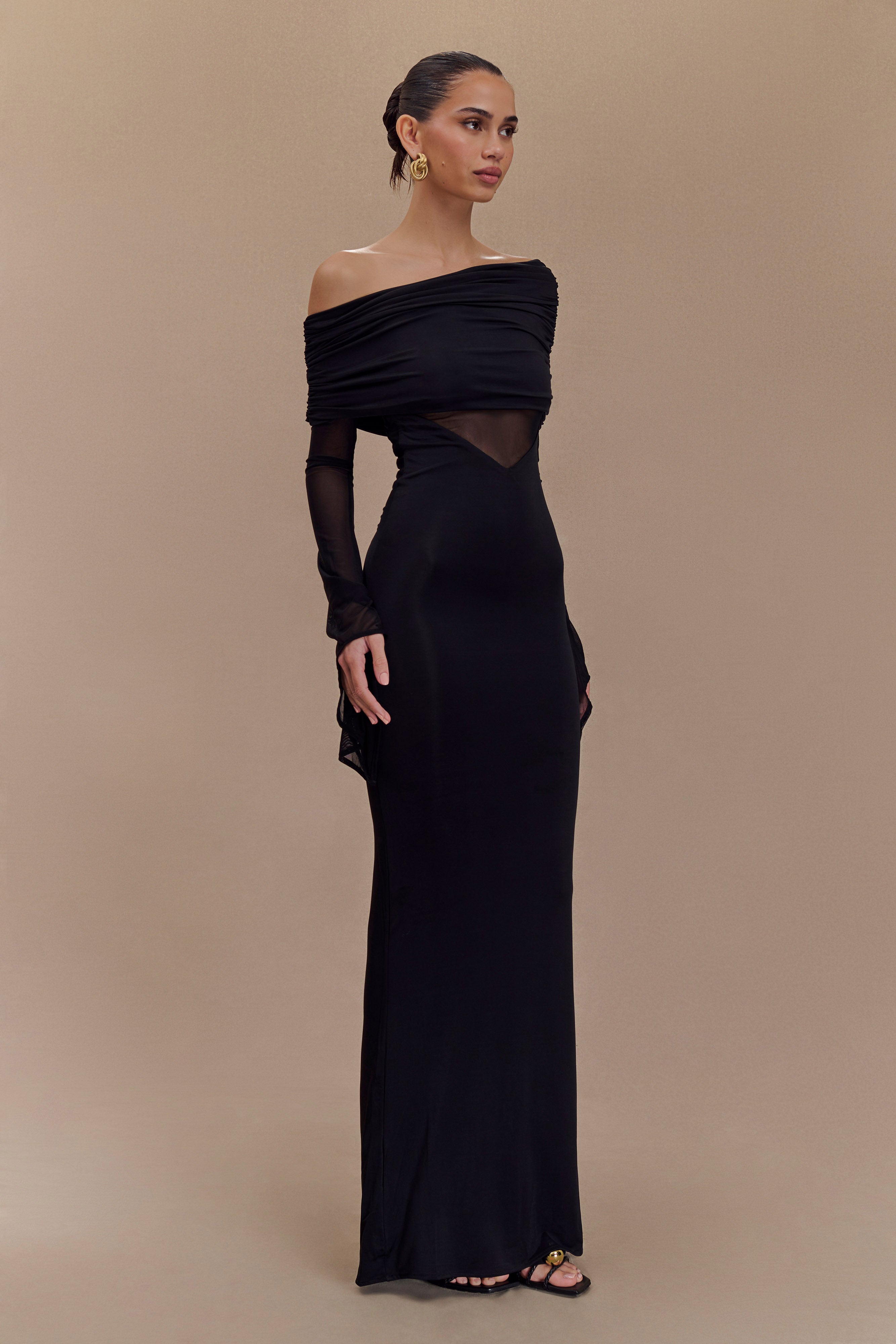 Kaitlin One Shoulder Slinky And Mesh Maxi Dress - Black-My Chic Way.All Rights Reserved