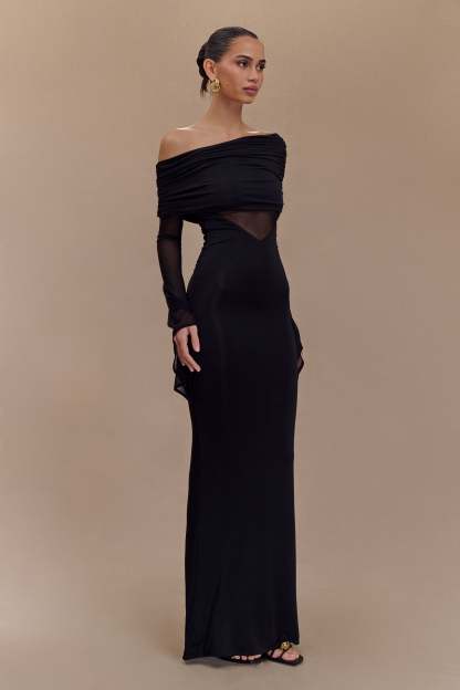 Kaitlin One Shoulder Slinky And Mesh Maxi Dress - Black-My Chic Way.All Rights Reserved