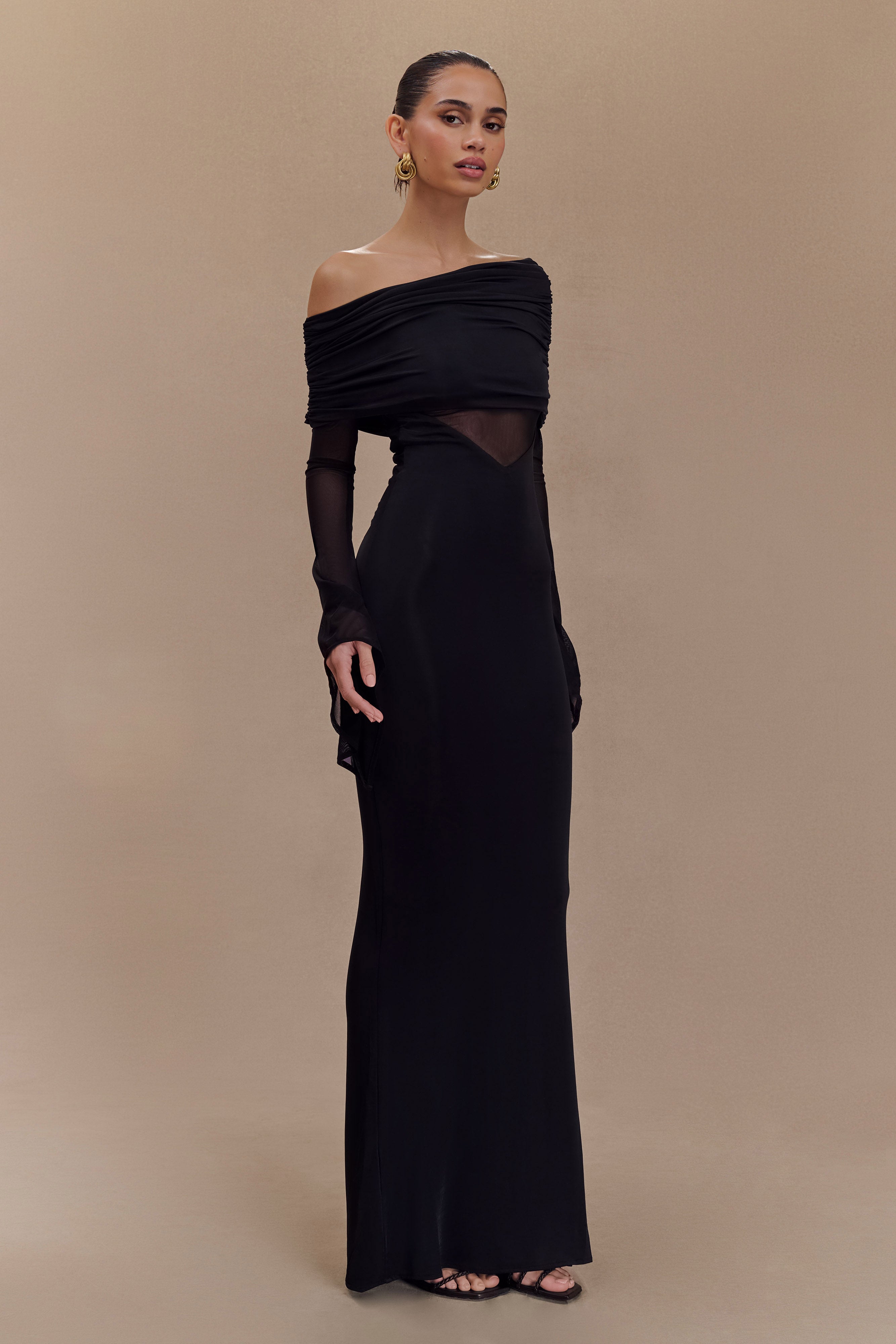 Kaitlin One Shoulder Slinky And Mesh Maxi Dress - Black-My Chic Way.All Rights Reserved