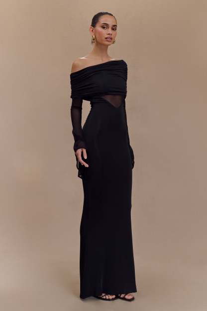 Kaitlin One Shoulder Slinky And Mesh Maxi Dress - Black-My Chic Way.All Rights Reserved
