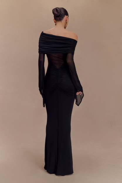 Kaitlin One Shoulder Slinky And Mesh Maxi Dress - Black-My Chic Way.All Rights Reserved