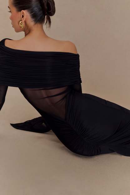 Kaitlin One Shoulder Slinky And Mesh Maxi Dress - Black-My Chic Way.All Rights Reserved