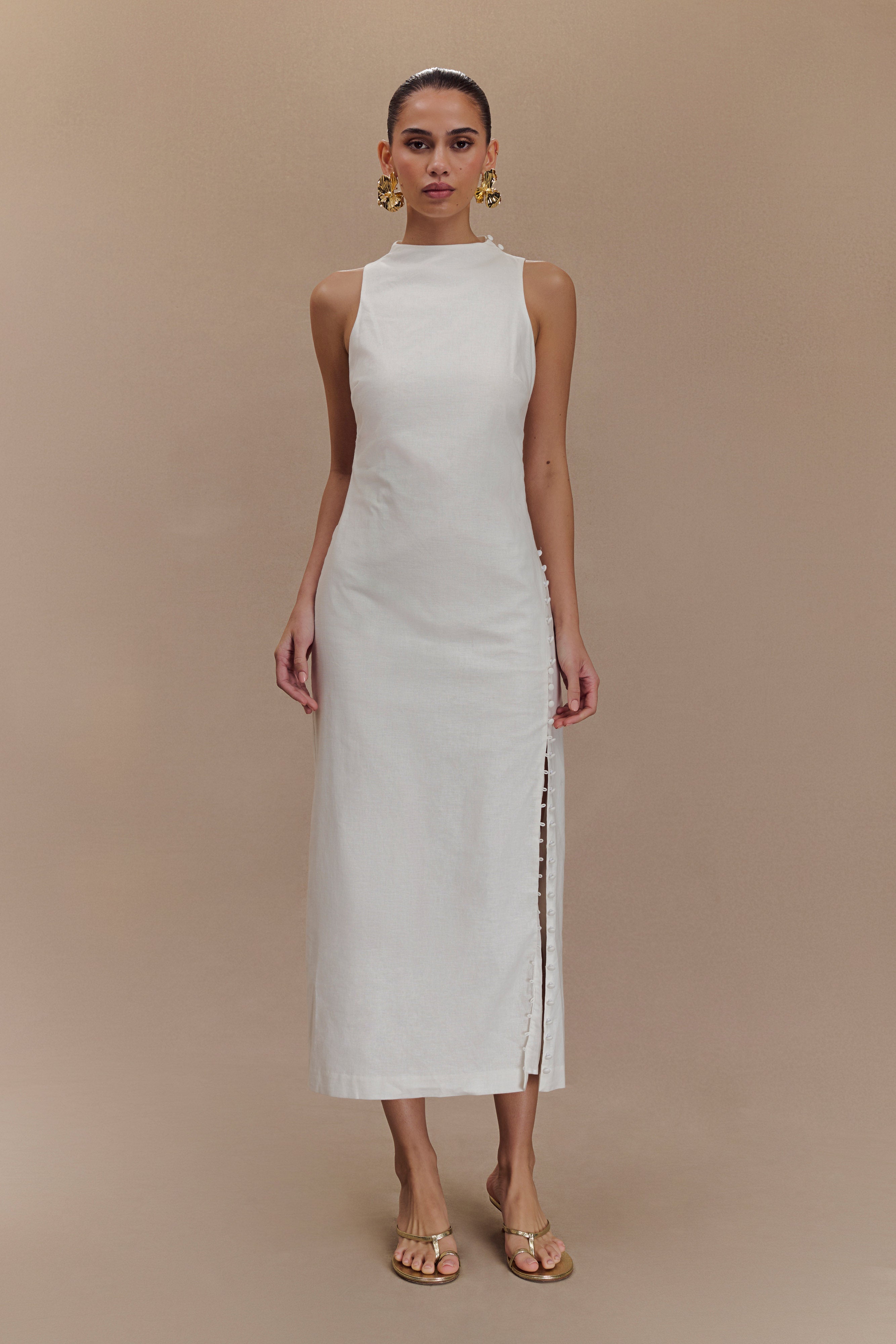 Bronte Linen Button Midi Dress - White-My Chic Way.All Rights Reserved