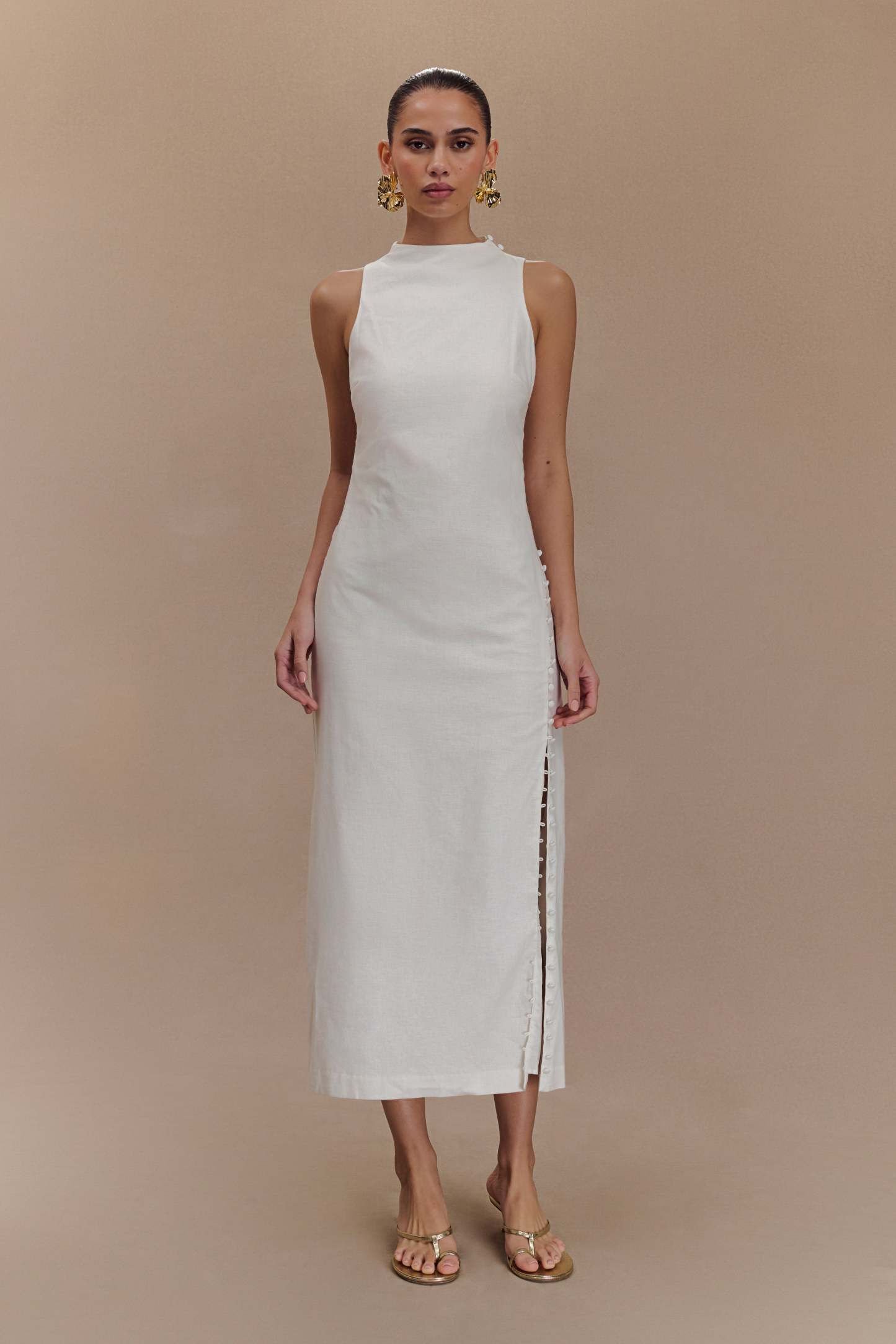 Bronte Linen Button Midi Dress - White-My Chic Way.All Rights Reserved