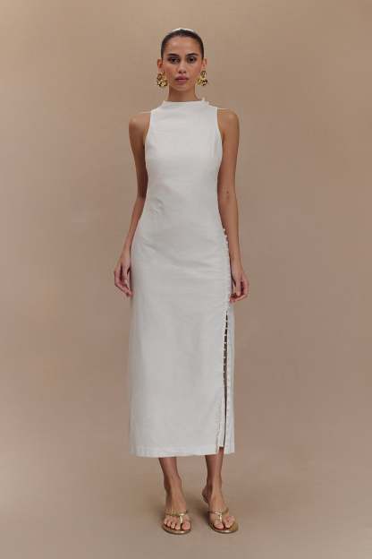 Bronte Linen Button Midi Dress - White-My Chic Way.All Rights Reserved