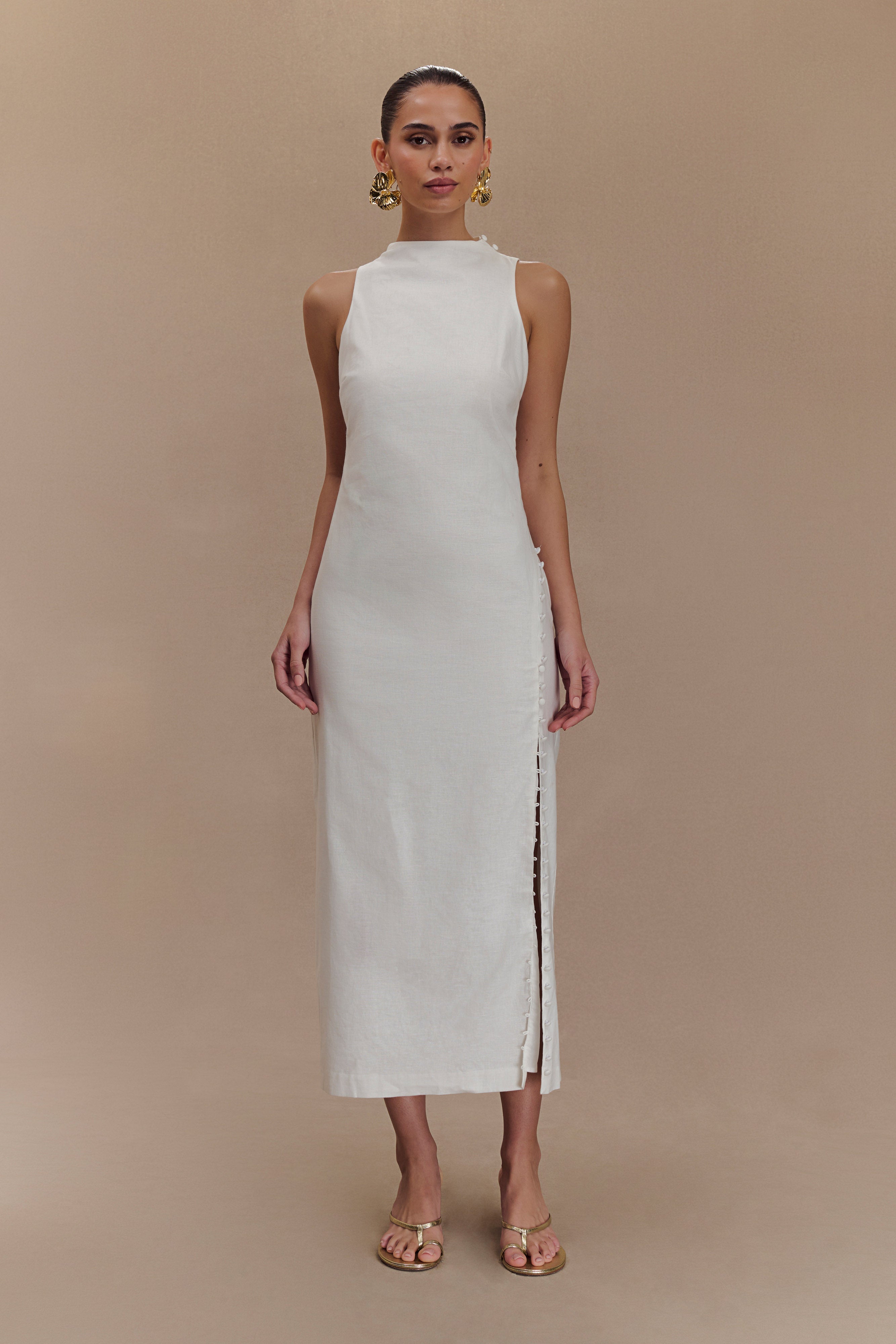 Bronte Linen Button Midi Dress - White-My Chic Way.All Rights Reserved
