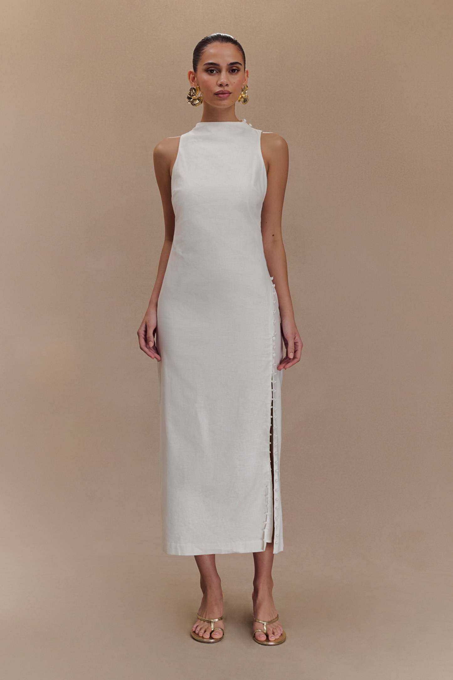 Bronte Linen Button Midi Dress - White-My Chic Way.All Rights Reserved
