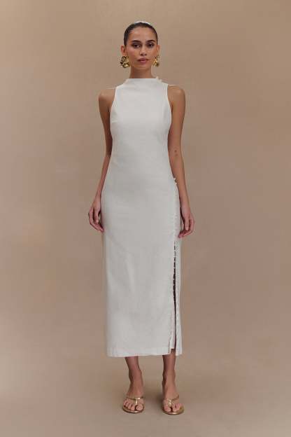 Bronte Linen Button Midi Dress - White-My Chic Way.All Rights Reserved