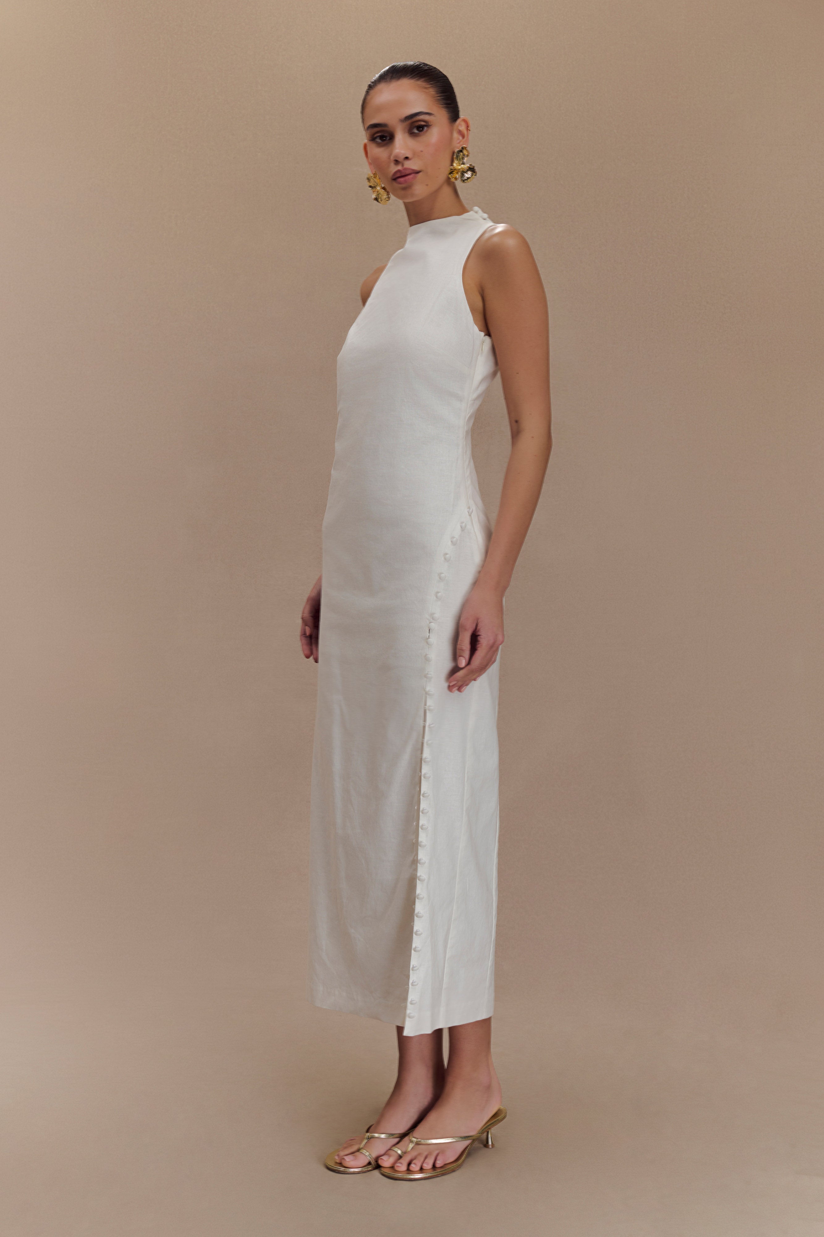 Bronte Linen Button Midi Dress - White-My Chic Way.All Rights Reserved