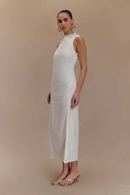 Bronte Linen Button Midi Dress - White-My Chic Way.All Rights Reserved