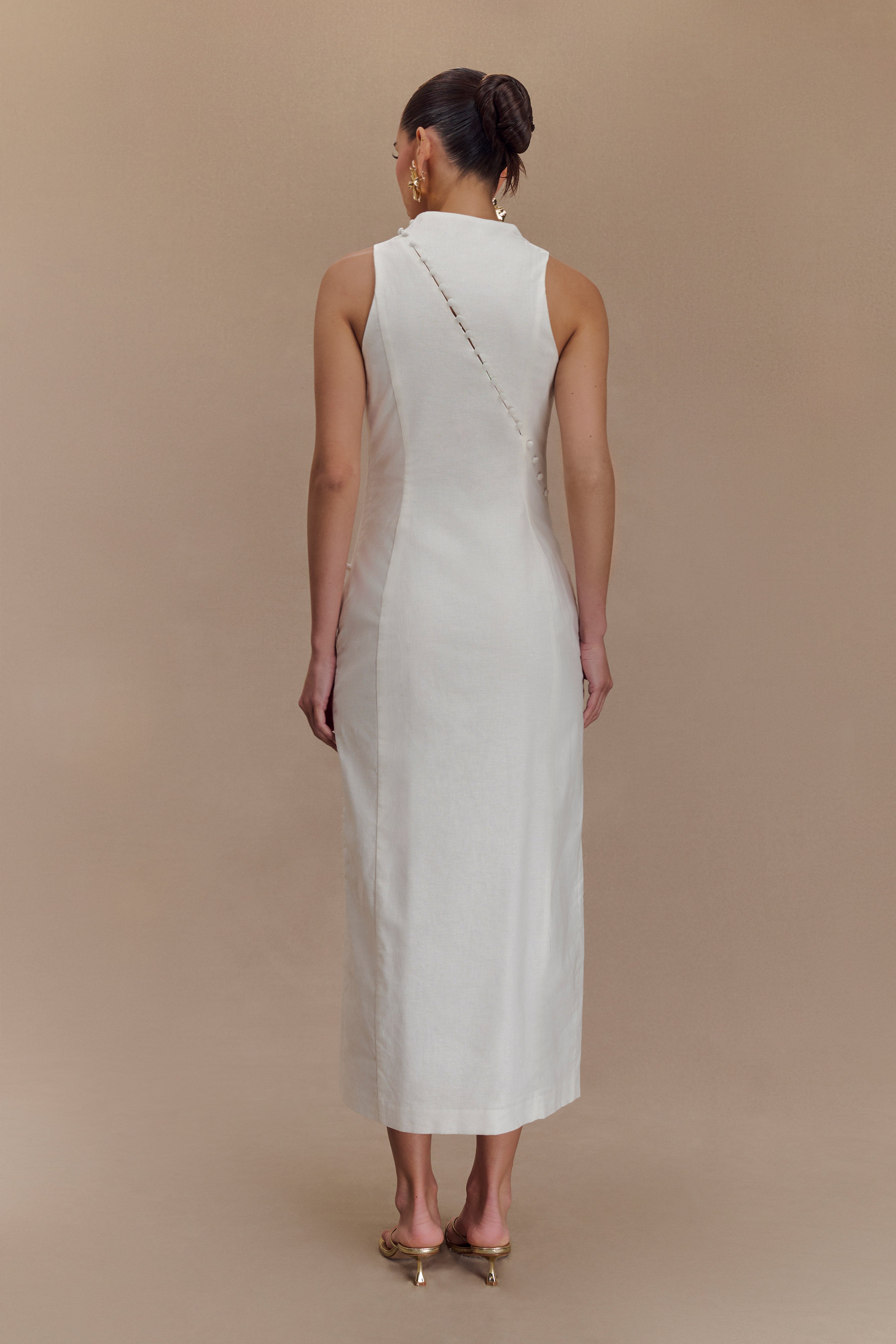 Bronte Linen Button Midi Dress - White-My Chic Way.All Rights Reserved