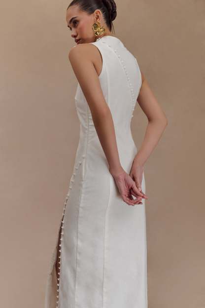 Bronte Linen Button Midi Dress - White-My Chic Way.All Rights Reserved