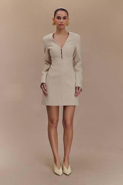Arora Suiting Blazer Dress With Pleating - Sand-My Chic Way.All Rights Reserved