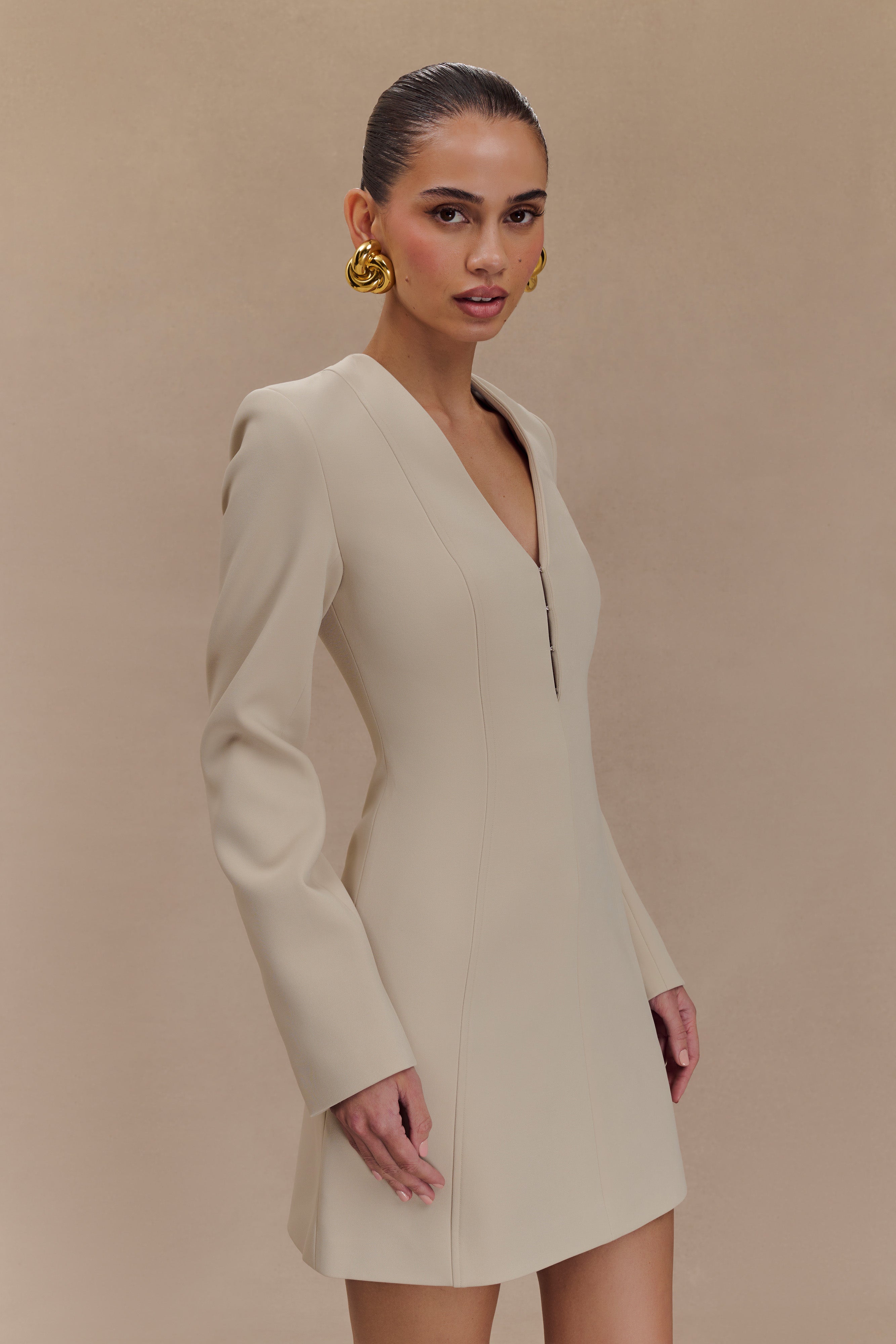 Arora Suiting Blazer Dress With Pleating - Sand-My Chic Way.All Rights Reserved