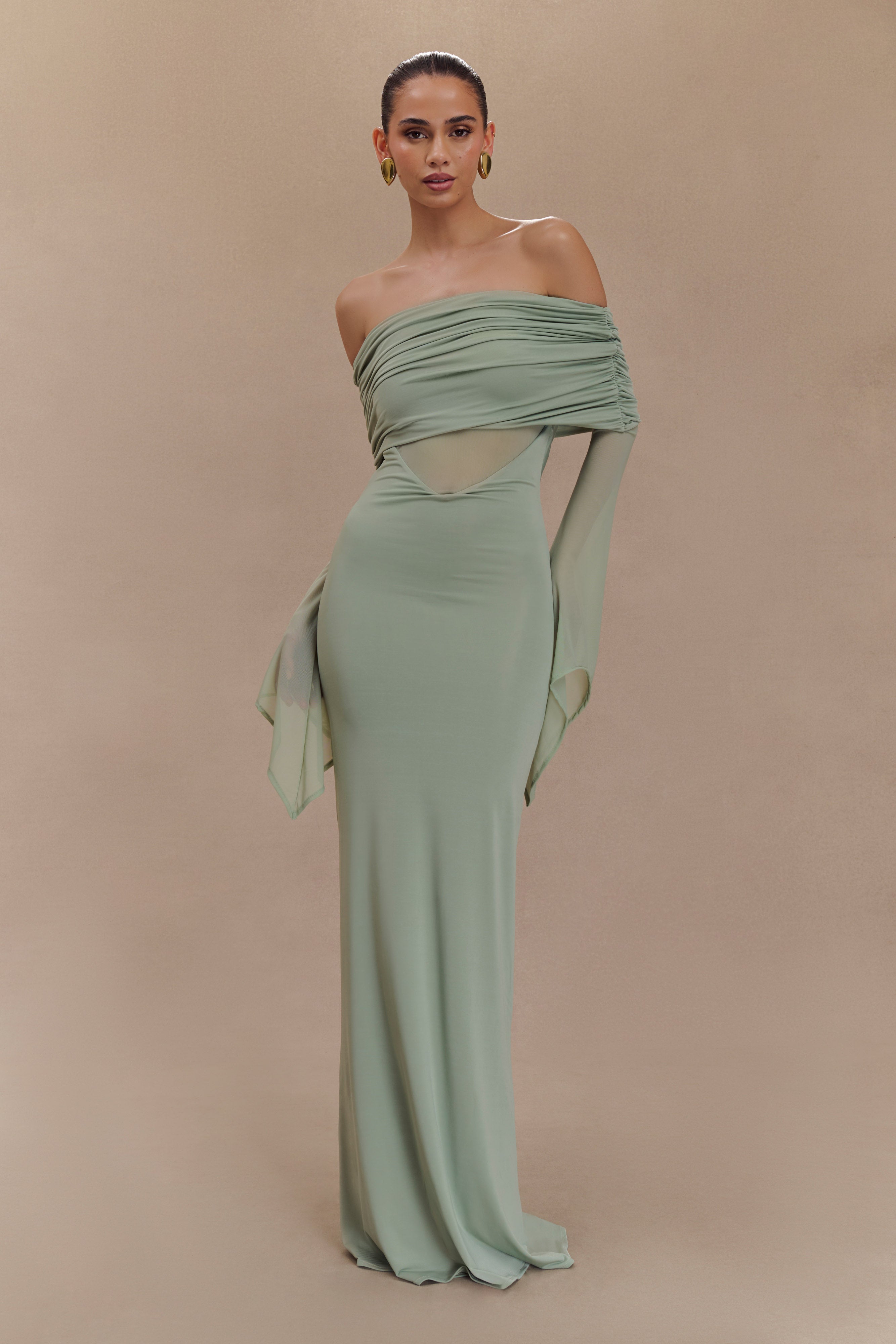 Kaitlin One Shoulder Slinky And Mesh Maxi Dress - Basil-My Chic Way.All Rights Reserved