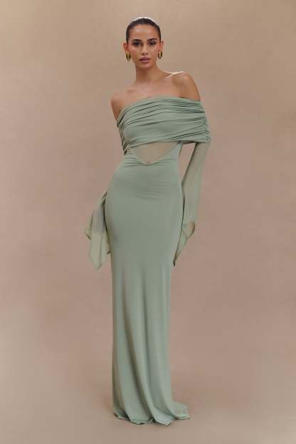 Kaitlin One Shoulder Slinky And Mesh Maxi Dress - Basil-My Chic Way.All Rights Reserved