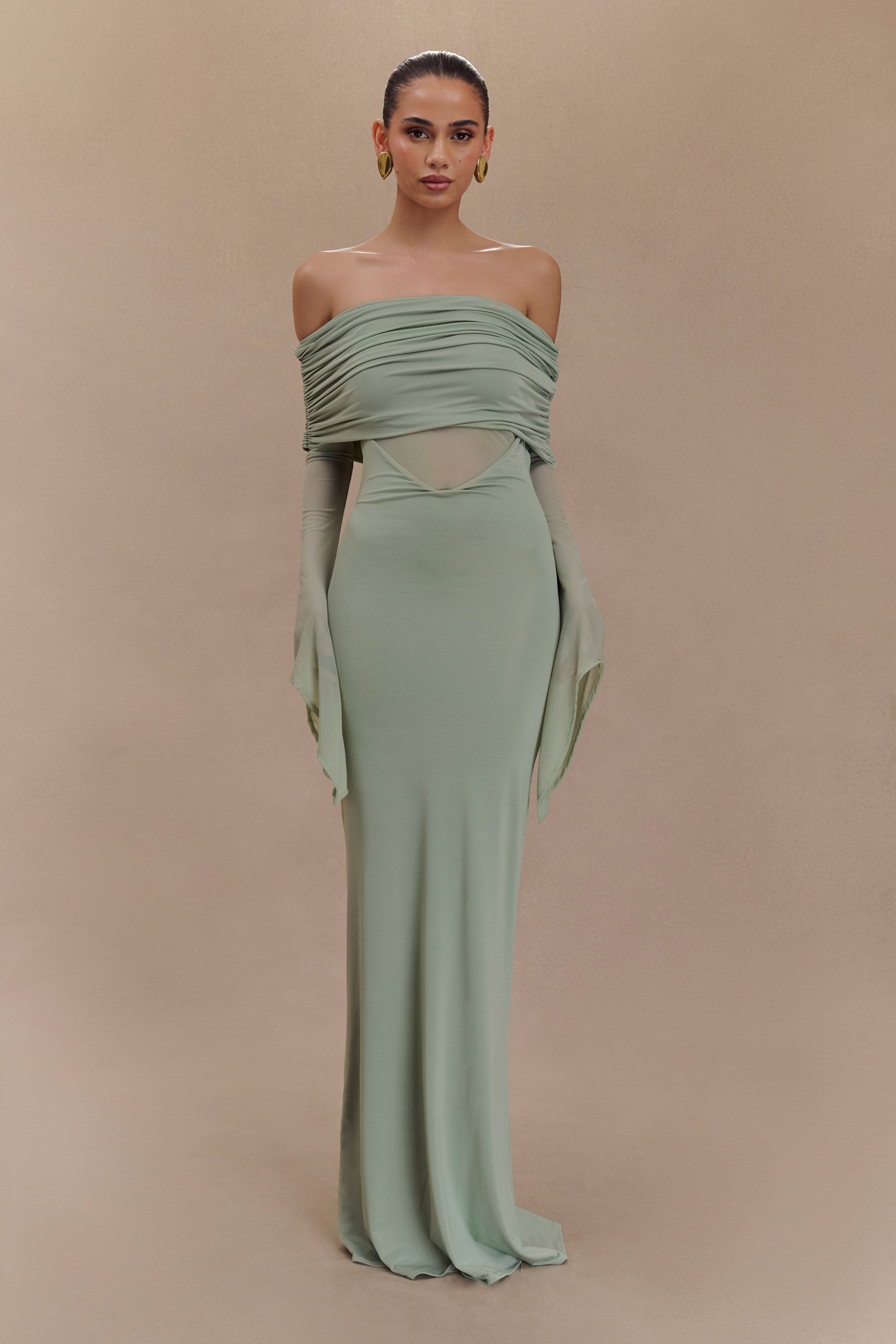 Kaitlin One Shoulder Slinky And Mesh Maxi Dress - Basil-My Chic Way.All Rights Reserved