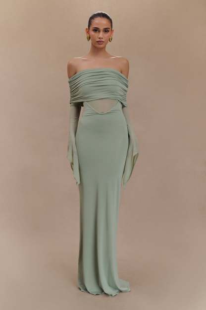 Kaitlin One Shoulder Slinky And Mesh Maxi Dress - Basil-My Chic Way.All Rights Reserved