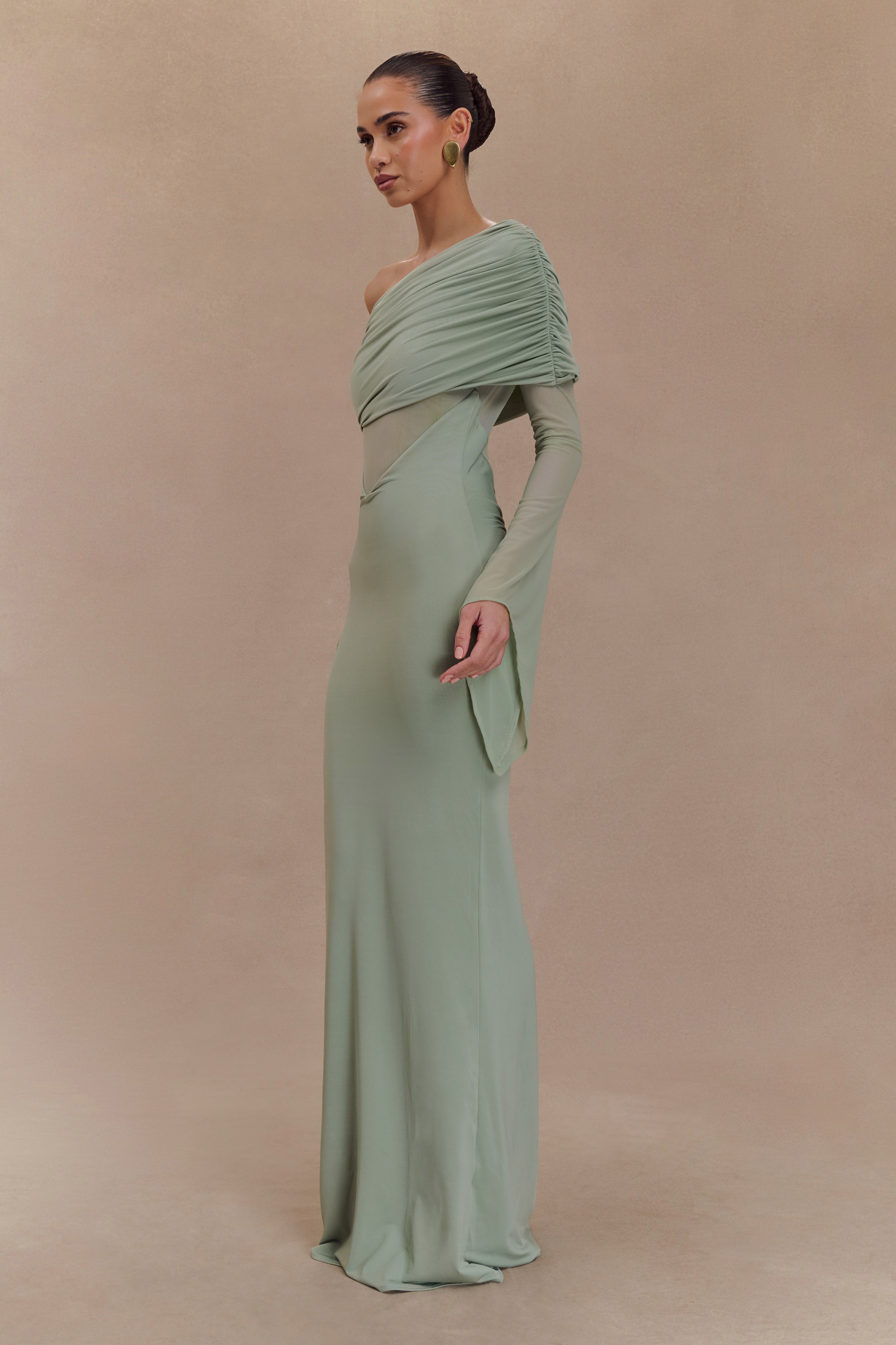 Kaitlin One Shoulder Slinky And Mesh Maxi Dress - Basil-My Chic Way.All Rights Reserved