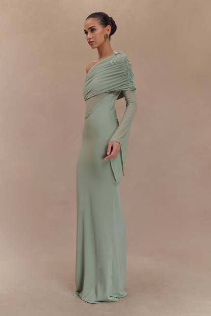 Kaitlin One Shoulder Slinky And Mesh Maxi Dress - Basil-My Chic Way.All Rights Reserved