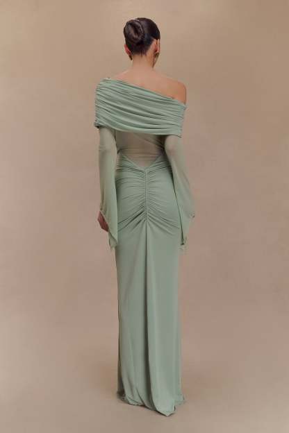 Kaitlin One Shoulder Slinky And Mesh Maxi Dress - Basil-My Chic Way.All Rights Reserved