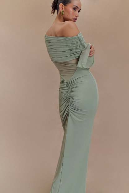 Kaitlin One Shoulder Slinky And Mesh Maxi Dress - Basil-My Chic Way.All Rights Reserved