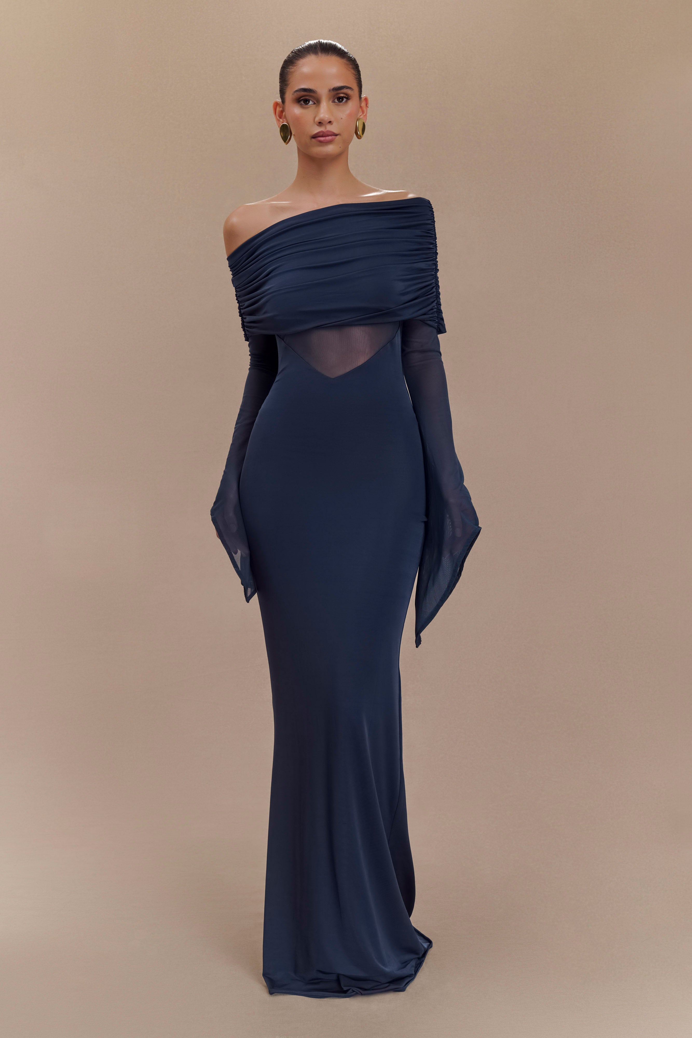 Kaitlin One Shoulder Slinky And Mesh Maxi Dress - Midnight Blue-My Chic Way.All Rights Reserved